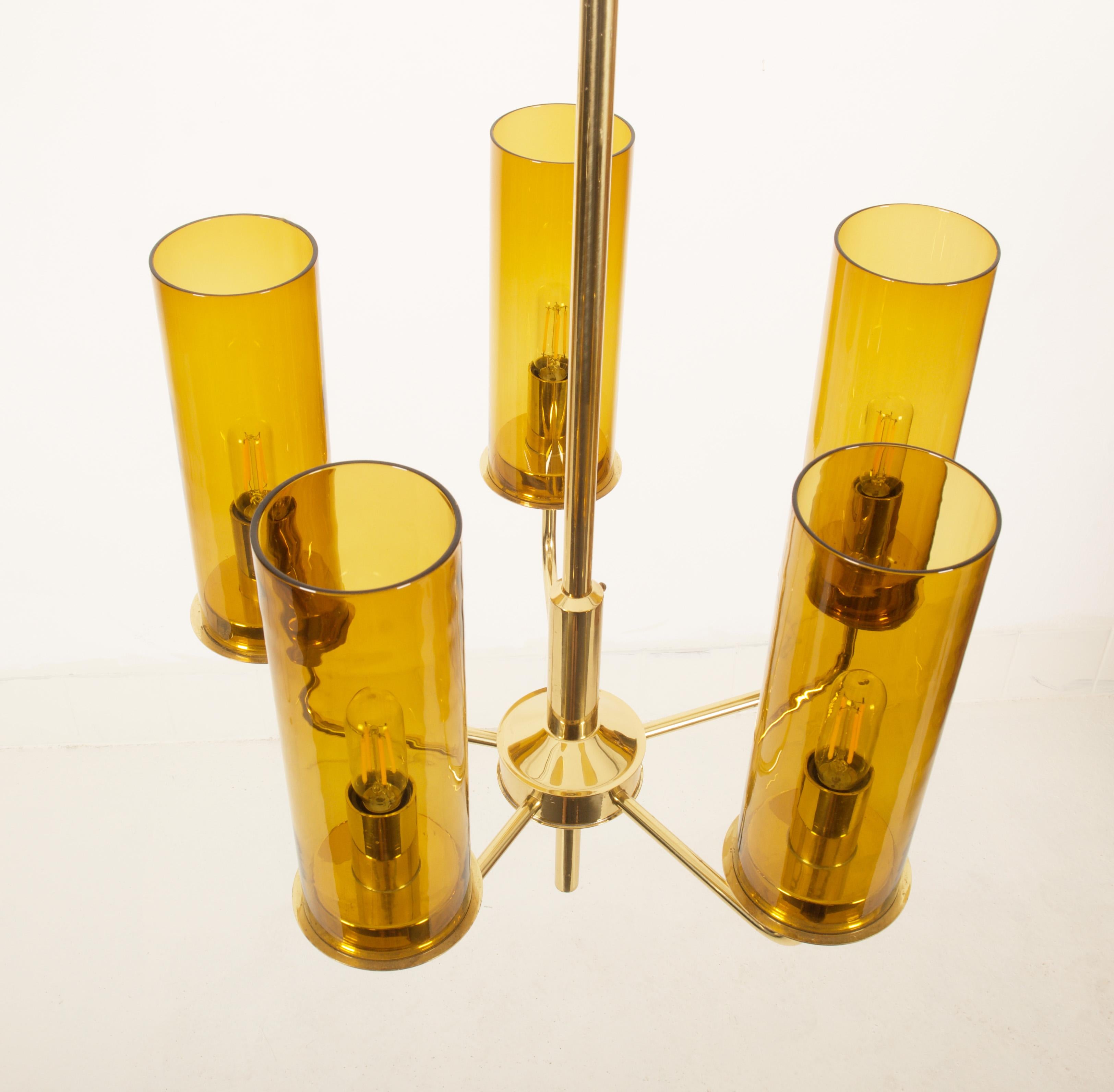 Mid-20th Century Brass and Glass Tube Chandelier T434 5 Sonata by Hans-Agne Jakobsson For Sale
