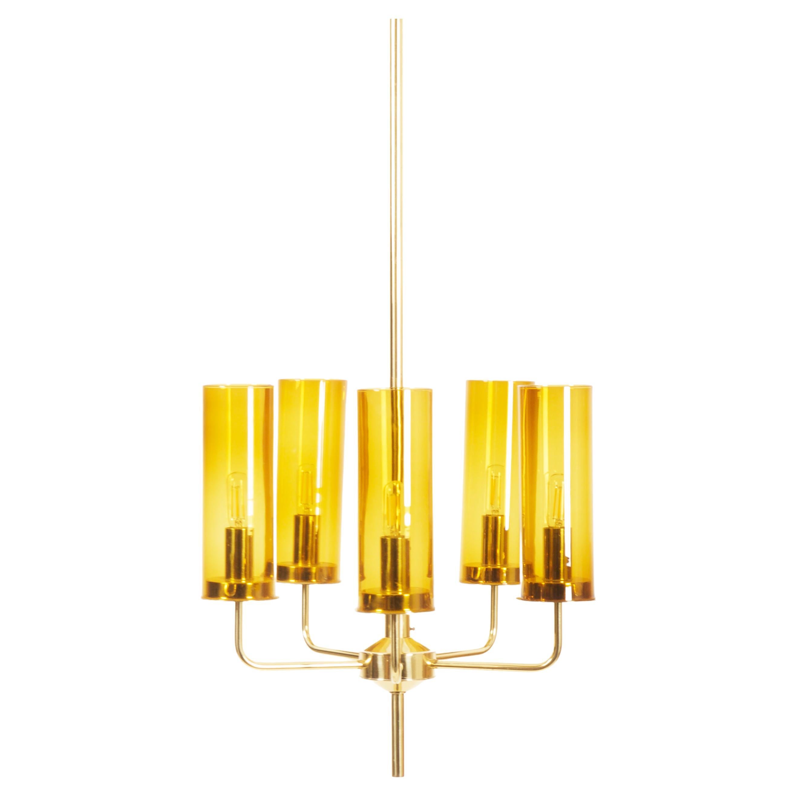 Brass and Glass Tube Chandelier T434 5 Sonata by Hans-Agne Jakobsson For Sale