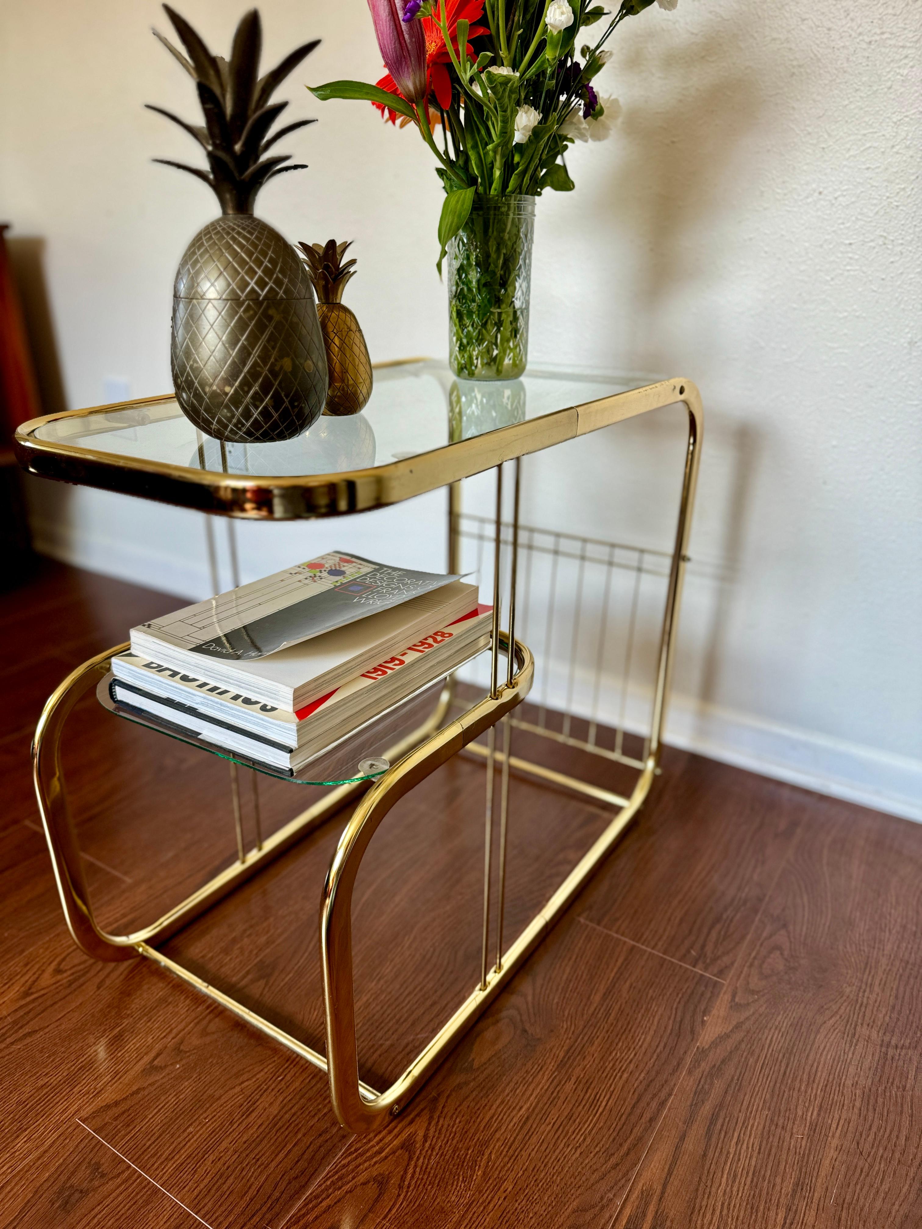 Brass and glass vintage bar cart in the style of Milo Baughman. 4