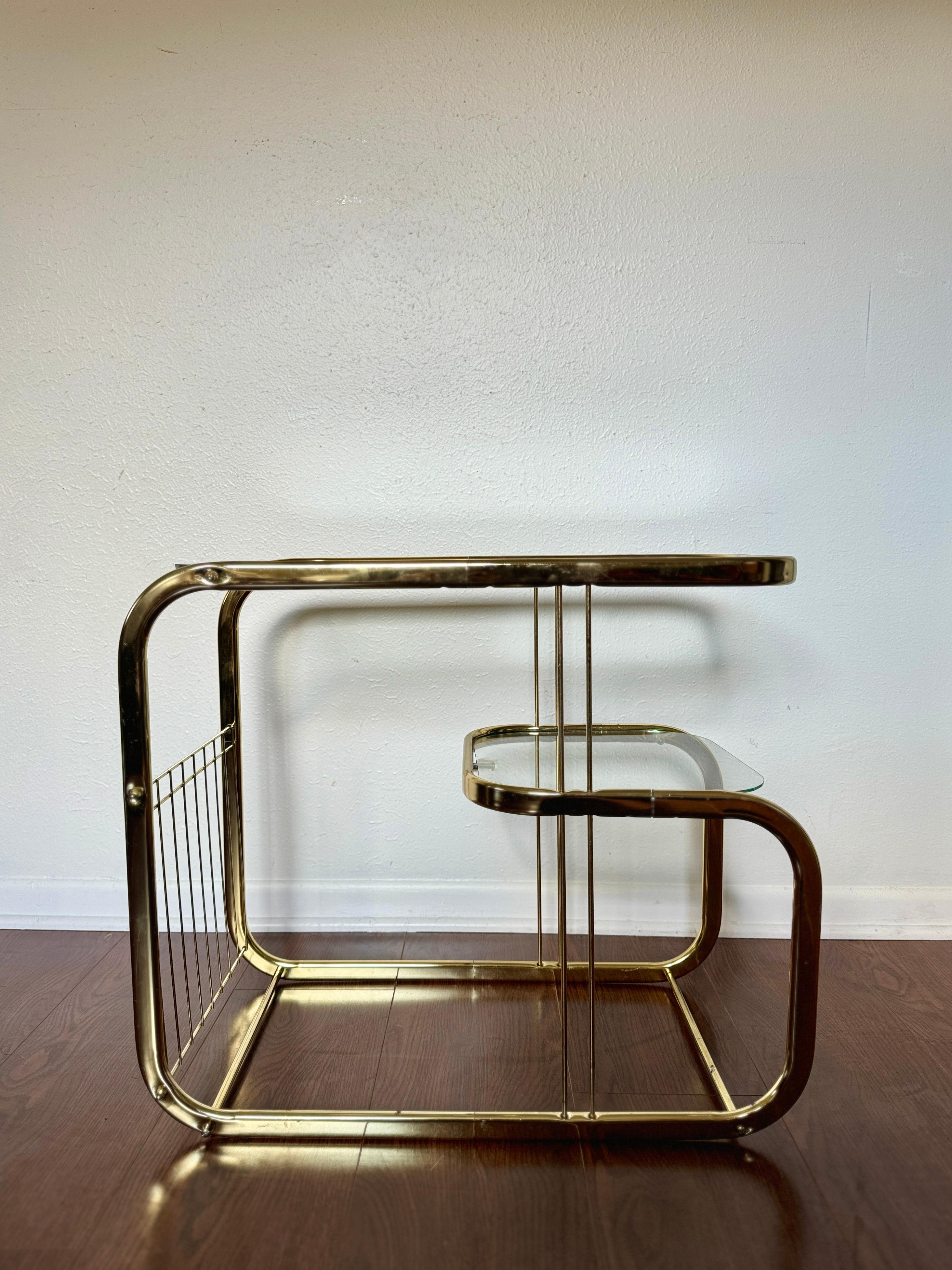 Brass and glass vintage bar cart in the style of Milo Baughman. 8