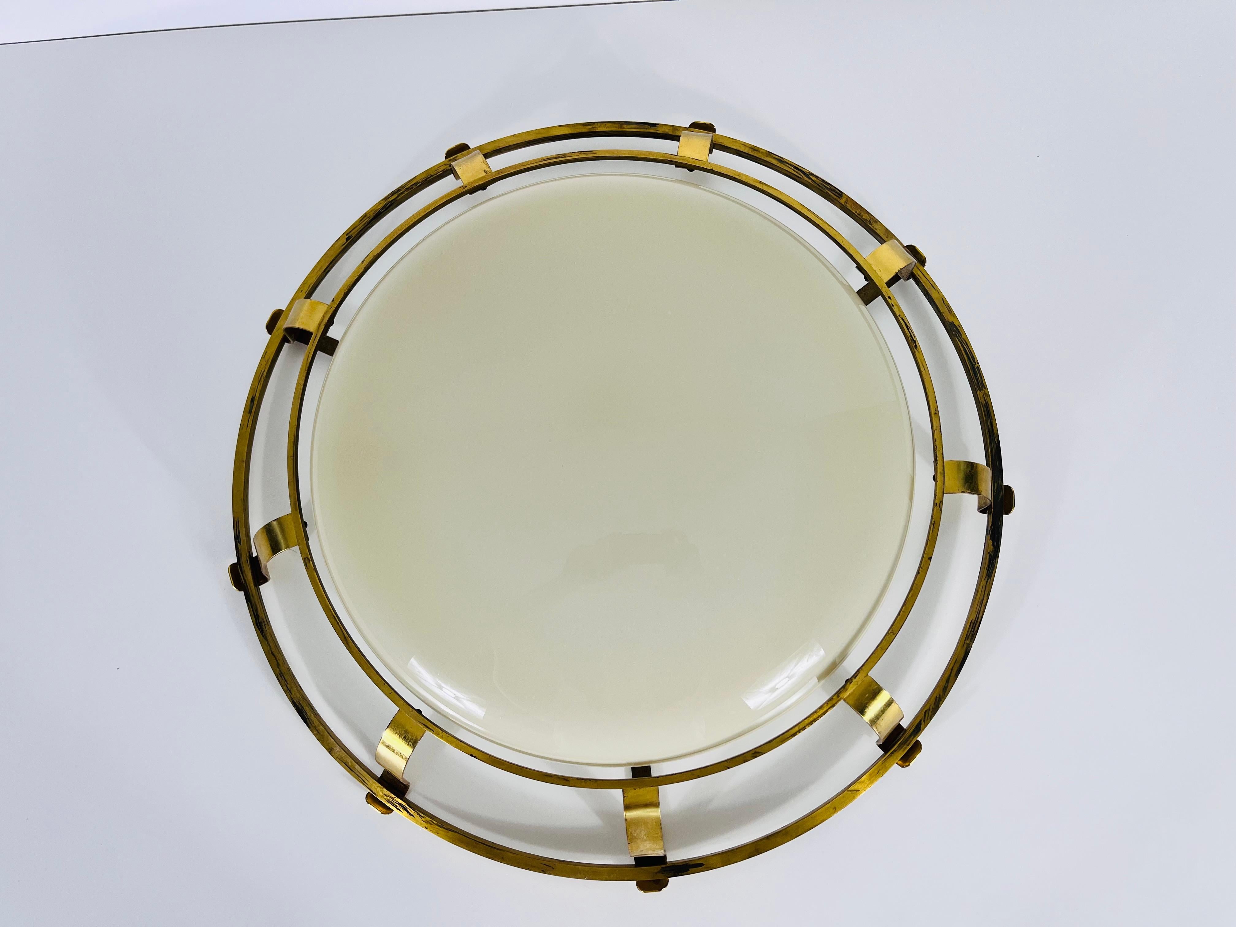 Italian Brass and Glass Wall Lamp or Flush Mount, Italy, 1960s For Sale