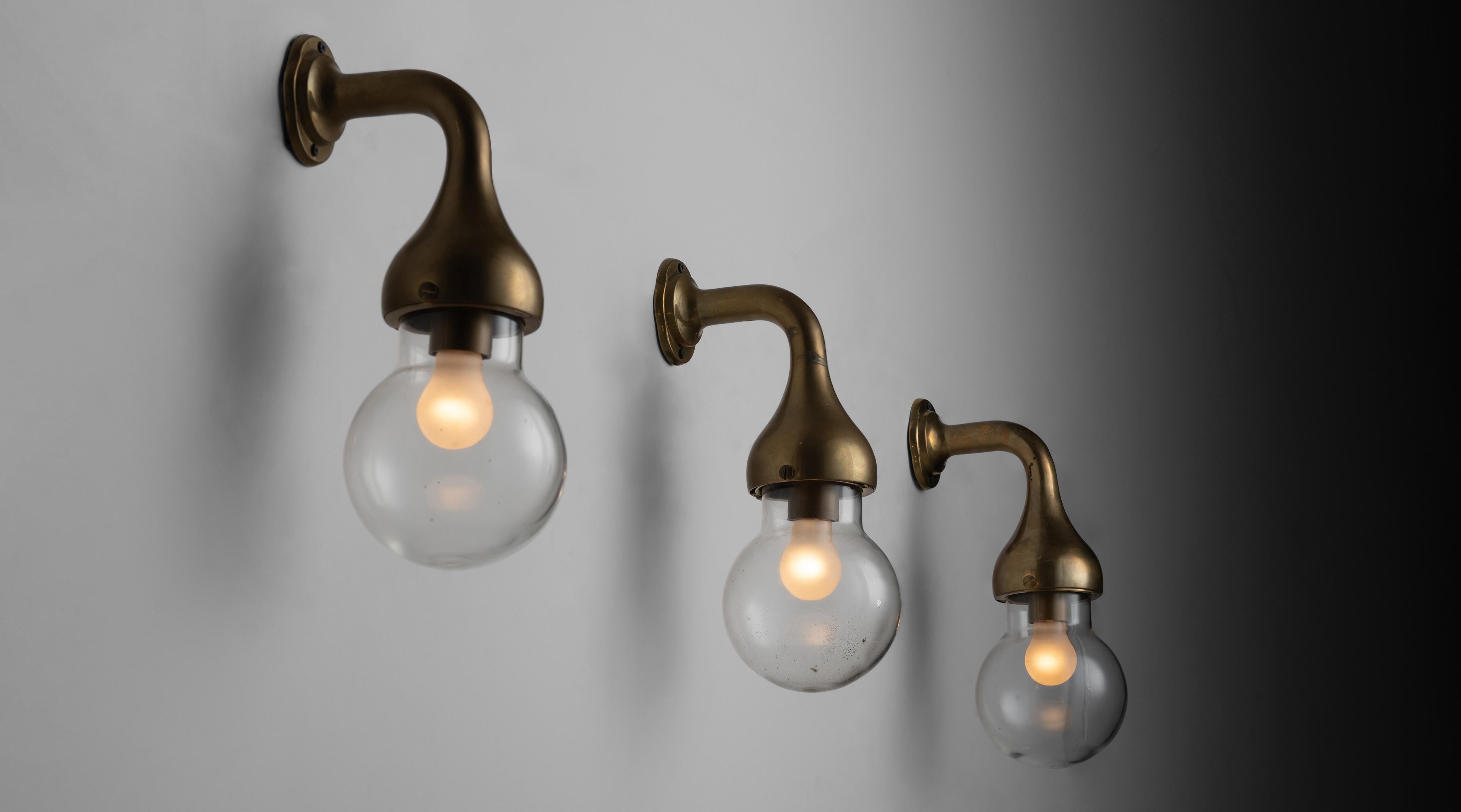 Industrial Brass and Glass Wall Lights, Italy, circa 1960