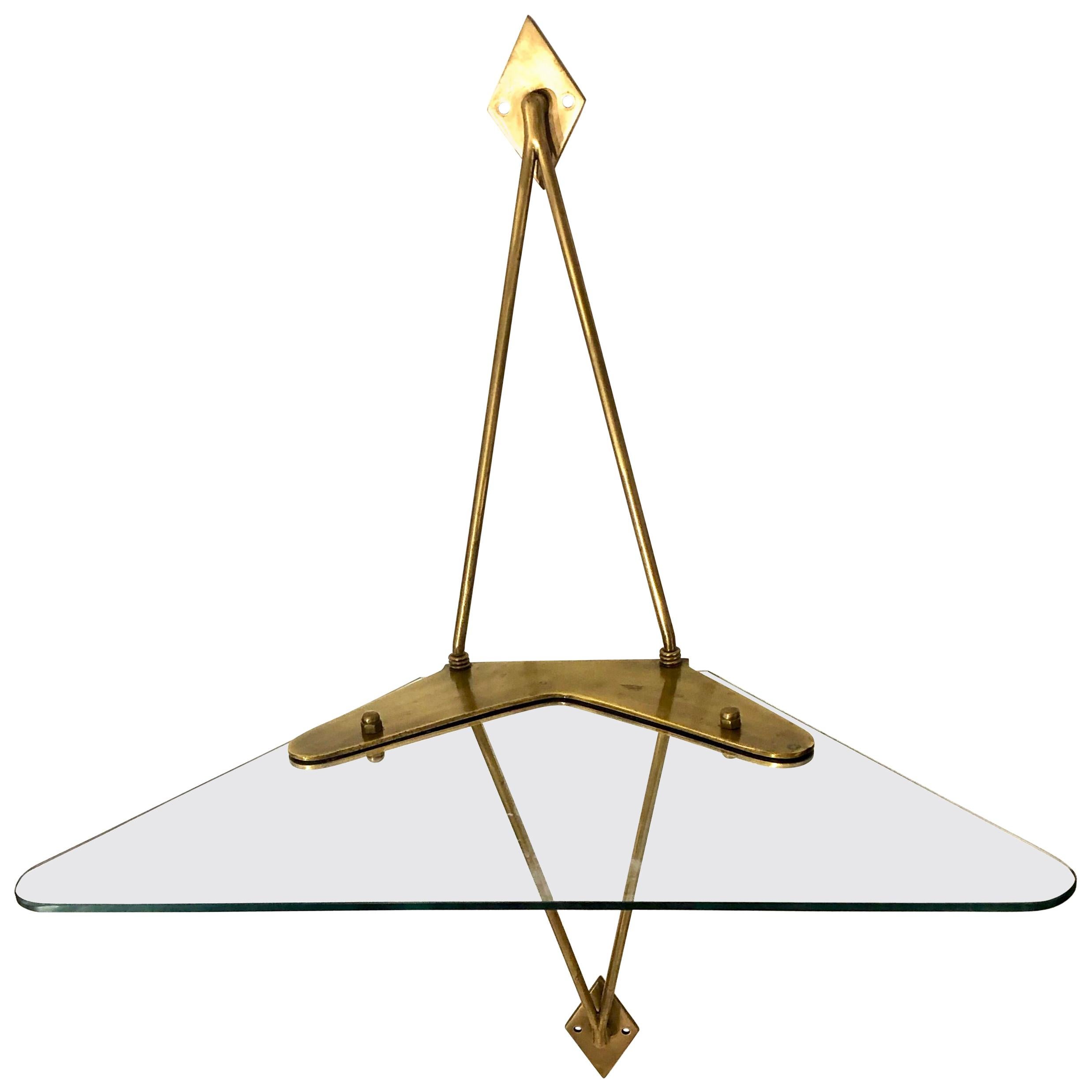 Brass and Glass Wall-Mounted Angle Display Shelf Attributed to Fontana Arte