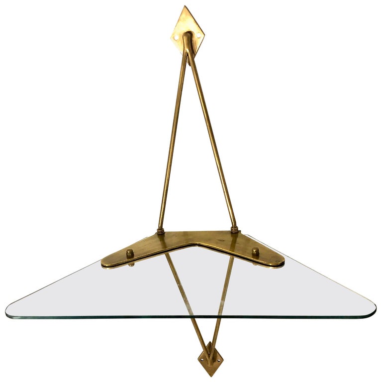 Brass And Glass Wall Mounted Angle Display Shelf Attributed