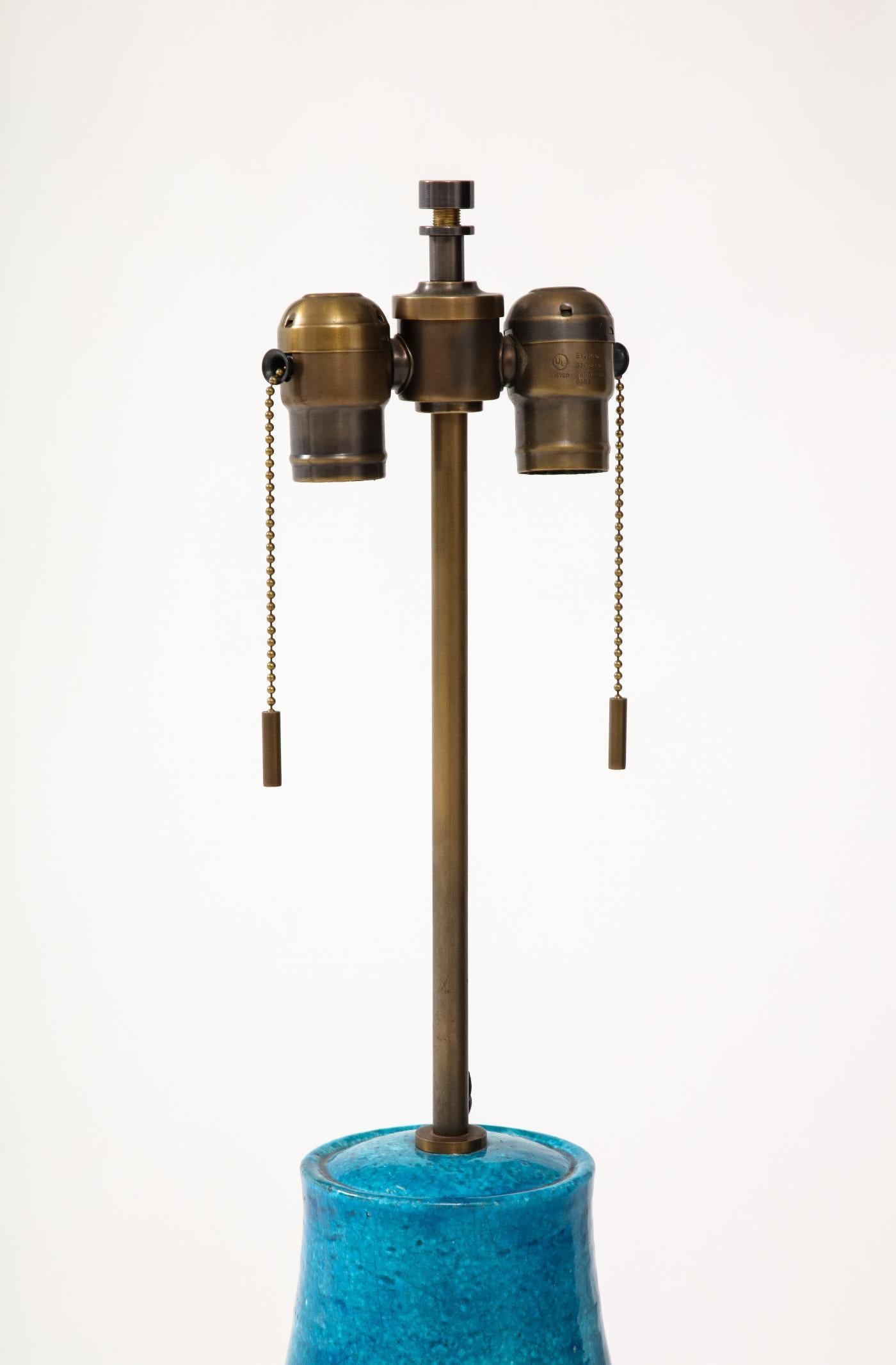 Modern Brass and Glazed Stoneware Monumental Table Lamp by Ugo Zaccagnini, c. 1950 For Sale
