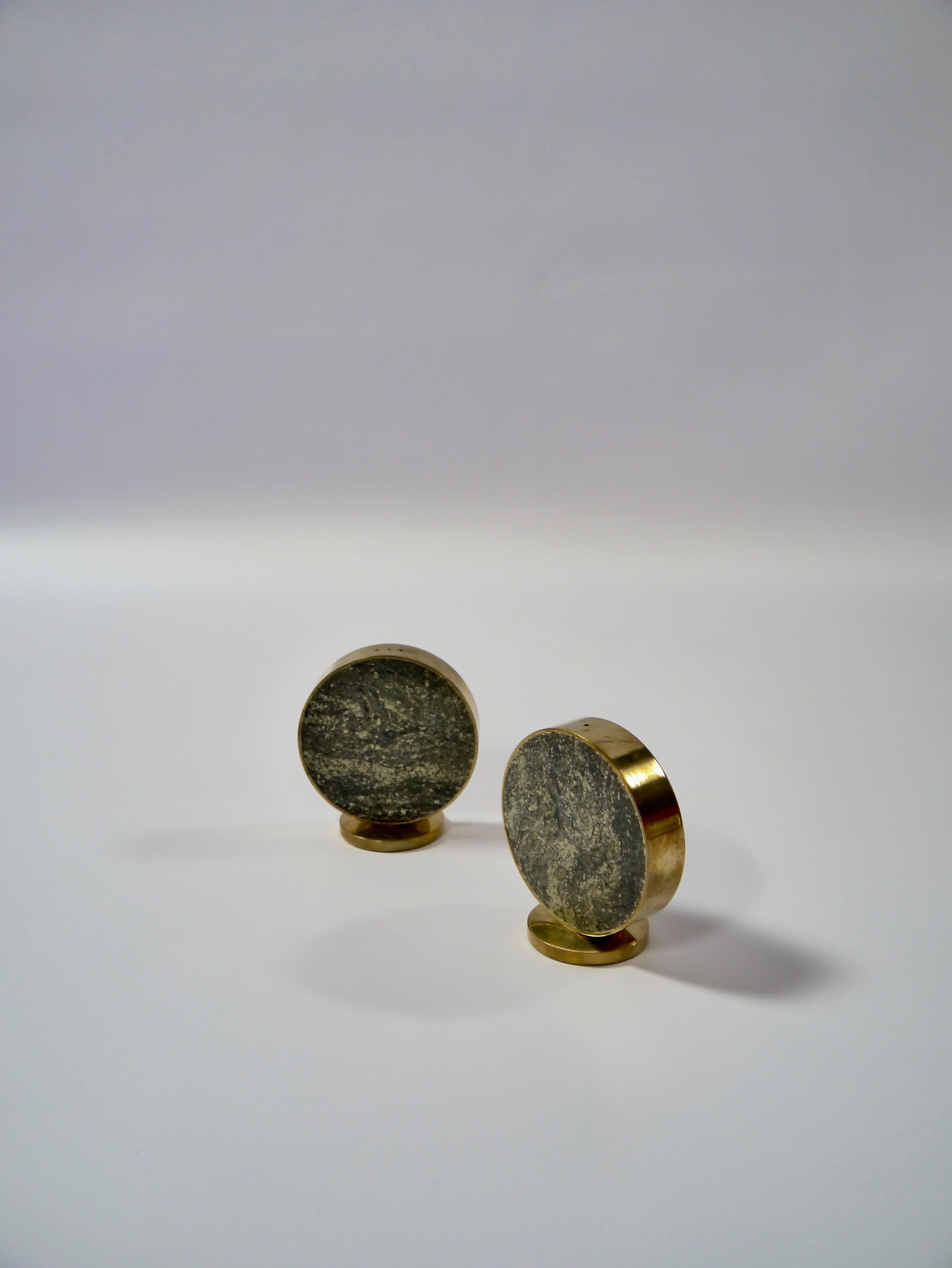 Salt and pepper shakers made by Saulo, Norway, 1960s. Solid brass, and granite from the mines of Sulitjelma in the Norwegian region Laponia.
