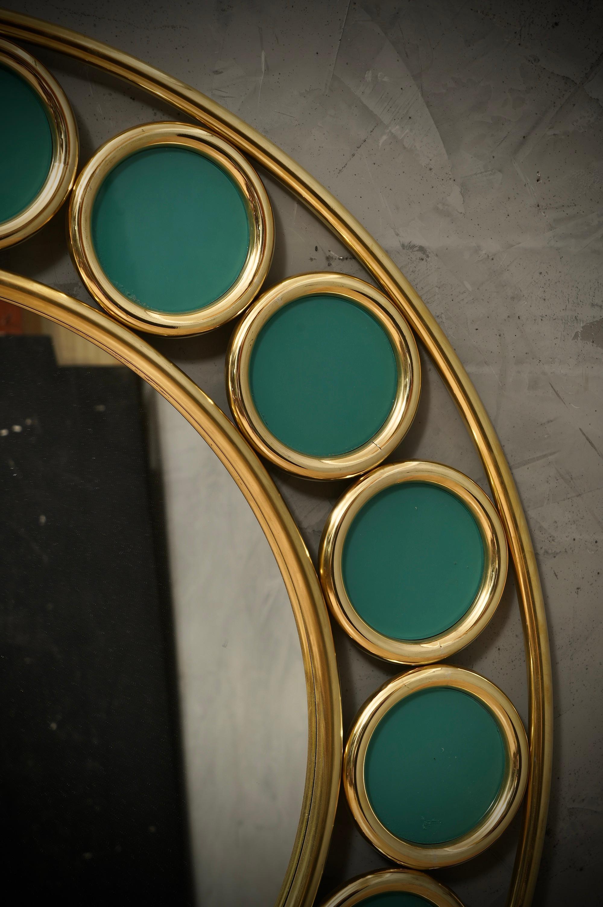 Mid-Century Modern Brass and Green Glass Console / Wall Mirror, 2000 For Sale