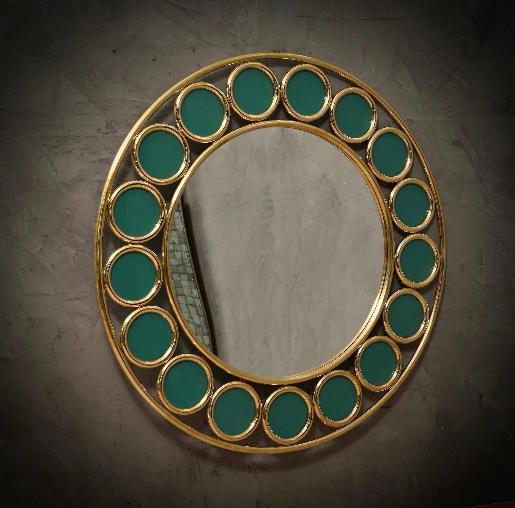 Brass and Green Glass Console / Wall Mirror, 2000 In Good Condition For Sale In Rome, IT
