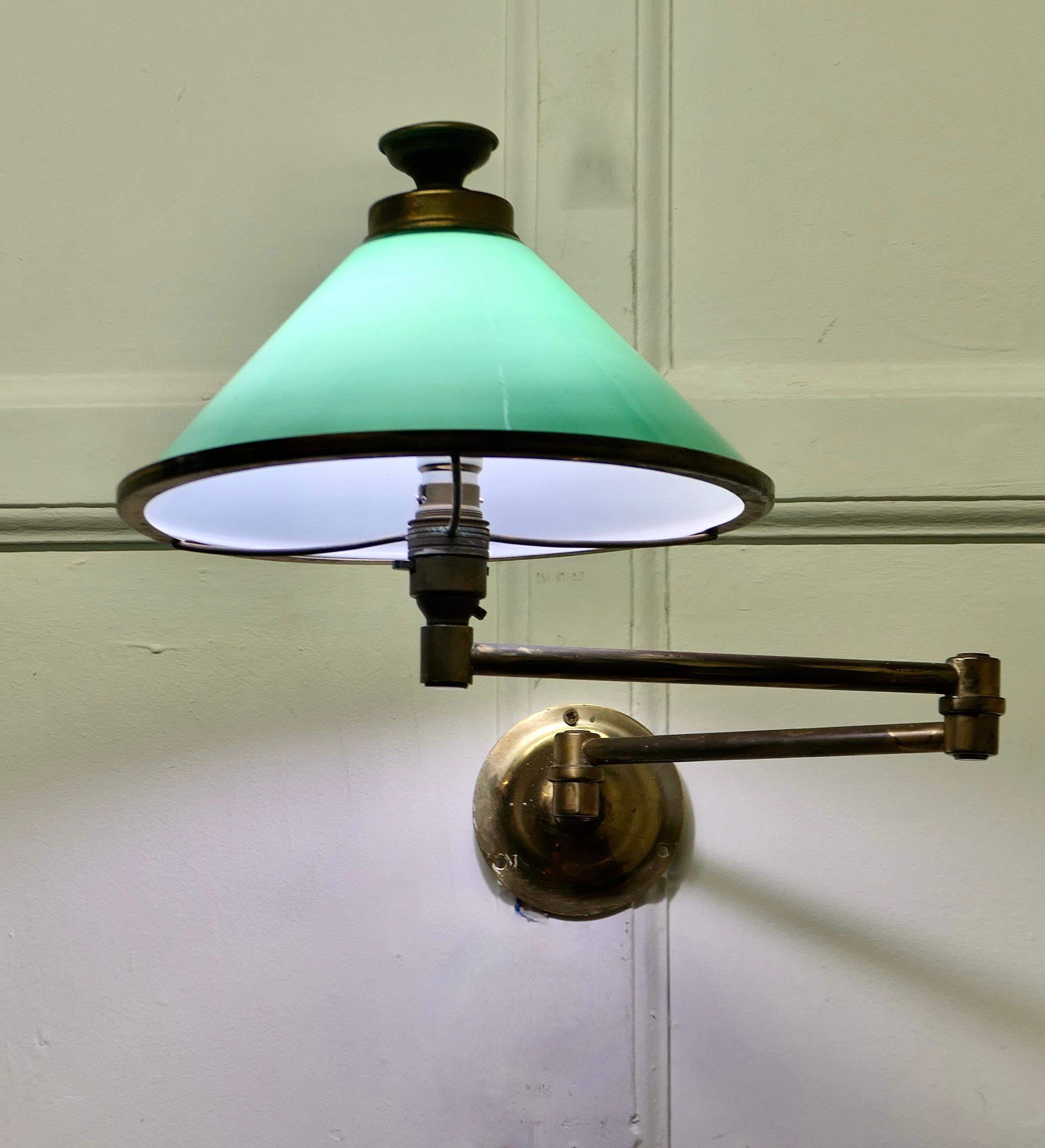 Industrial Brass and Green Glass Extending Wall Lamp   A lovely piece  For Sale