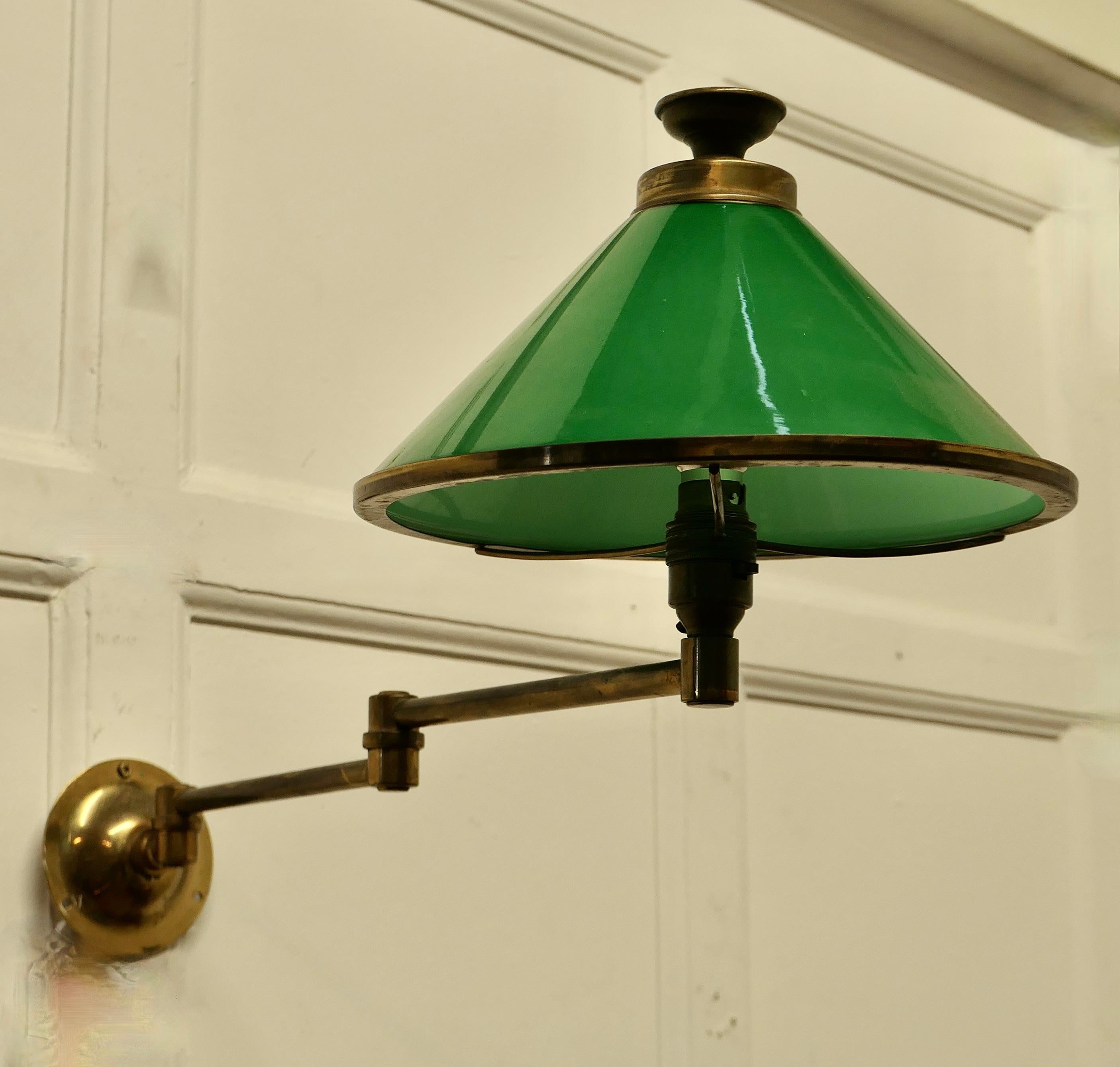 Brass and Green Glass Extending Wall Lamp   A lovely piece  In Good Condition For Sale In Chillerton, Isle of Wight