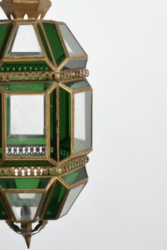 Brass and green glass lantern ceiling lamp, 1970s.