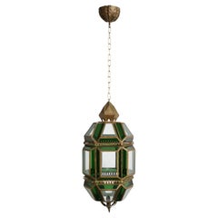 Lampada da soffitto a lanterna in ottone e vetro verde, anni '70.