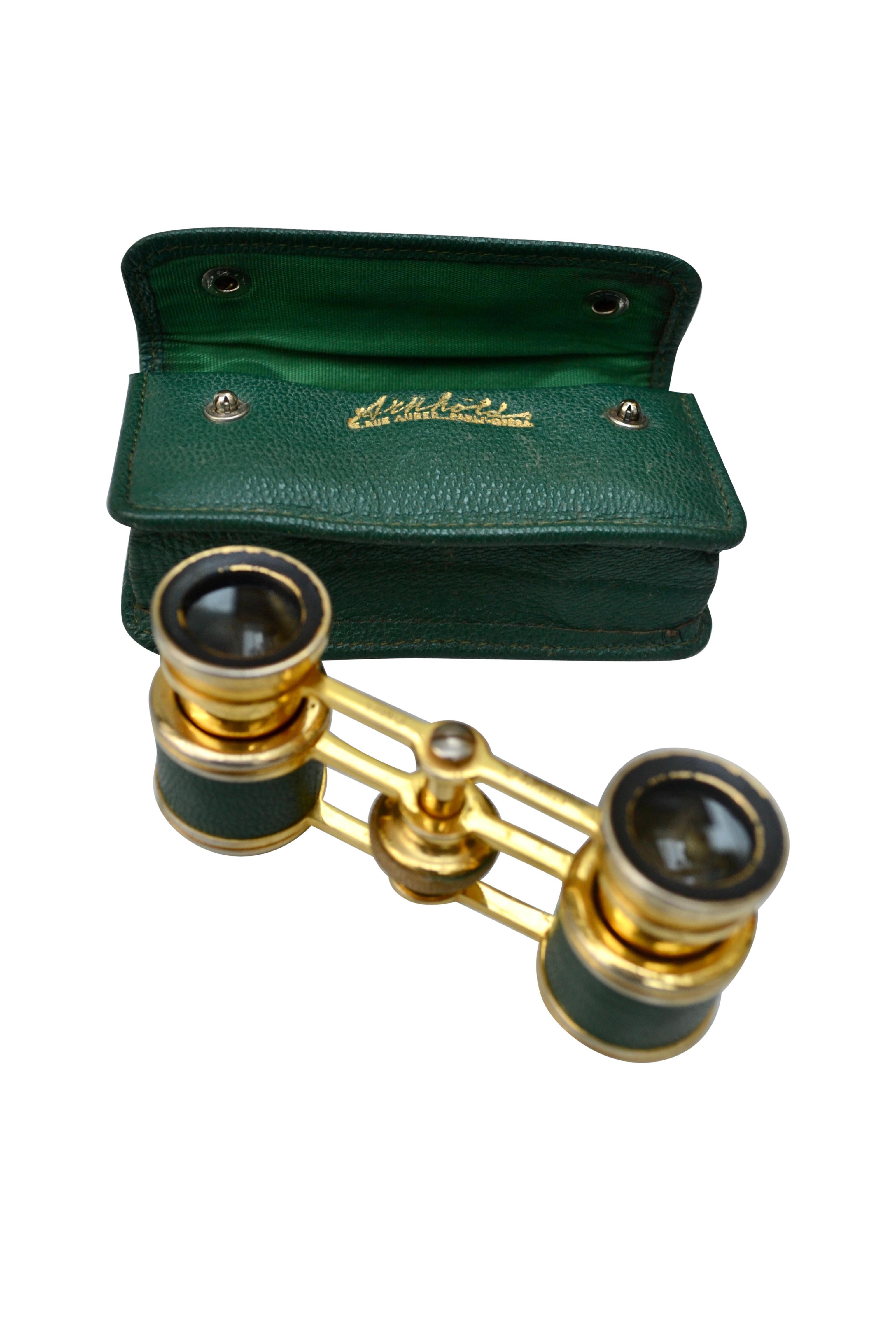 Art Deco  Brass and Green Leather Opera Glasses From Arnhold Paris In Original Case 