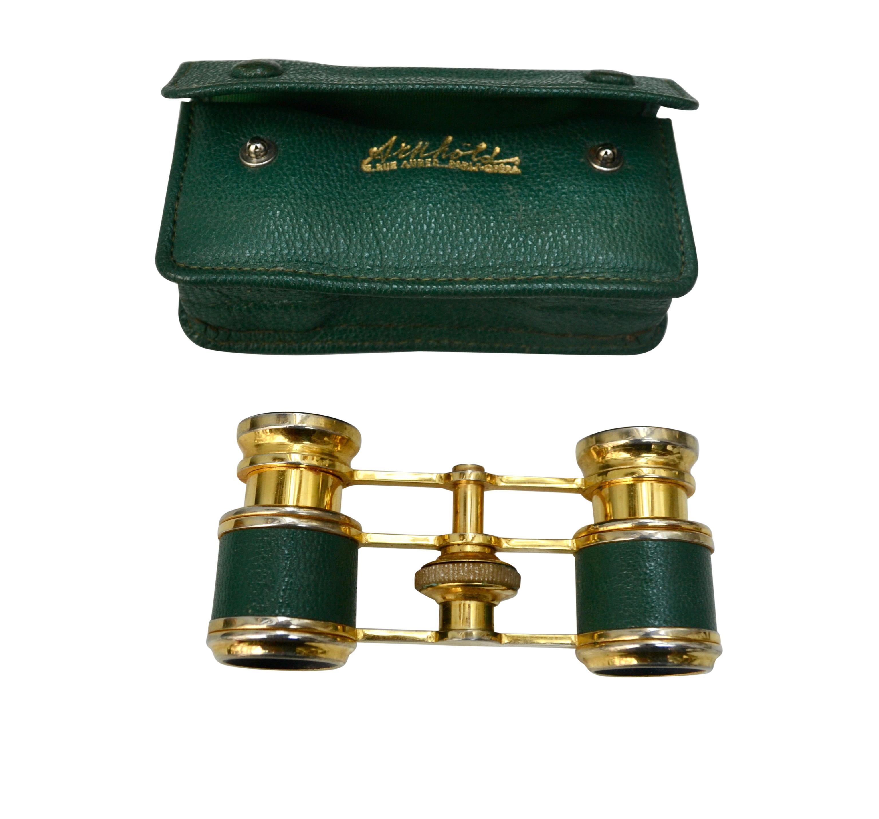 Machine-Made  Brass and Green Leather Opera Glasses From Arnhold Paris In Original Case 