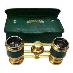 Vintage Brass and Green Leather Opera Glasses From Arnhold Paris In Original Case