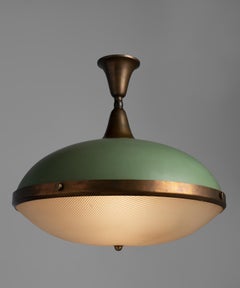 Brass and Green Metal Frosted Ceiling Lamp, circa 1950