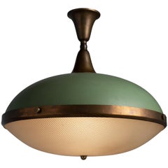 Brass and Green Metal Frosted Ceiling Lamp, circa 1950