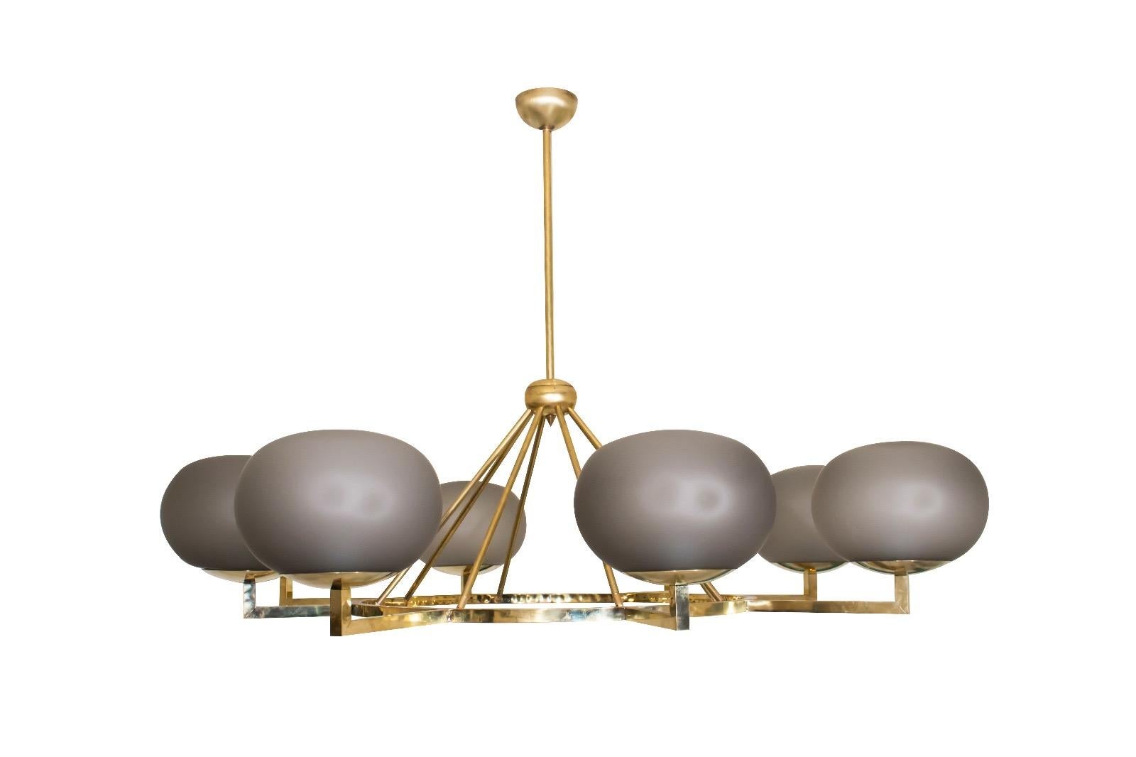 European Brass and Grey Opaline Murano Glass Large Modern Chandelier For Sale
