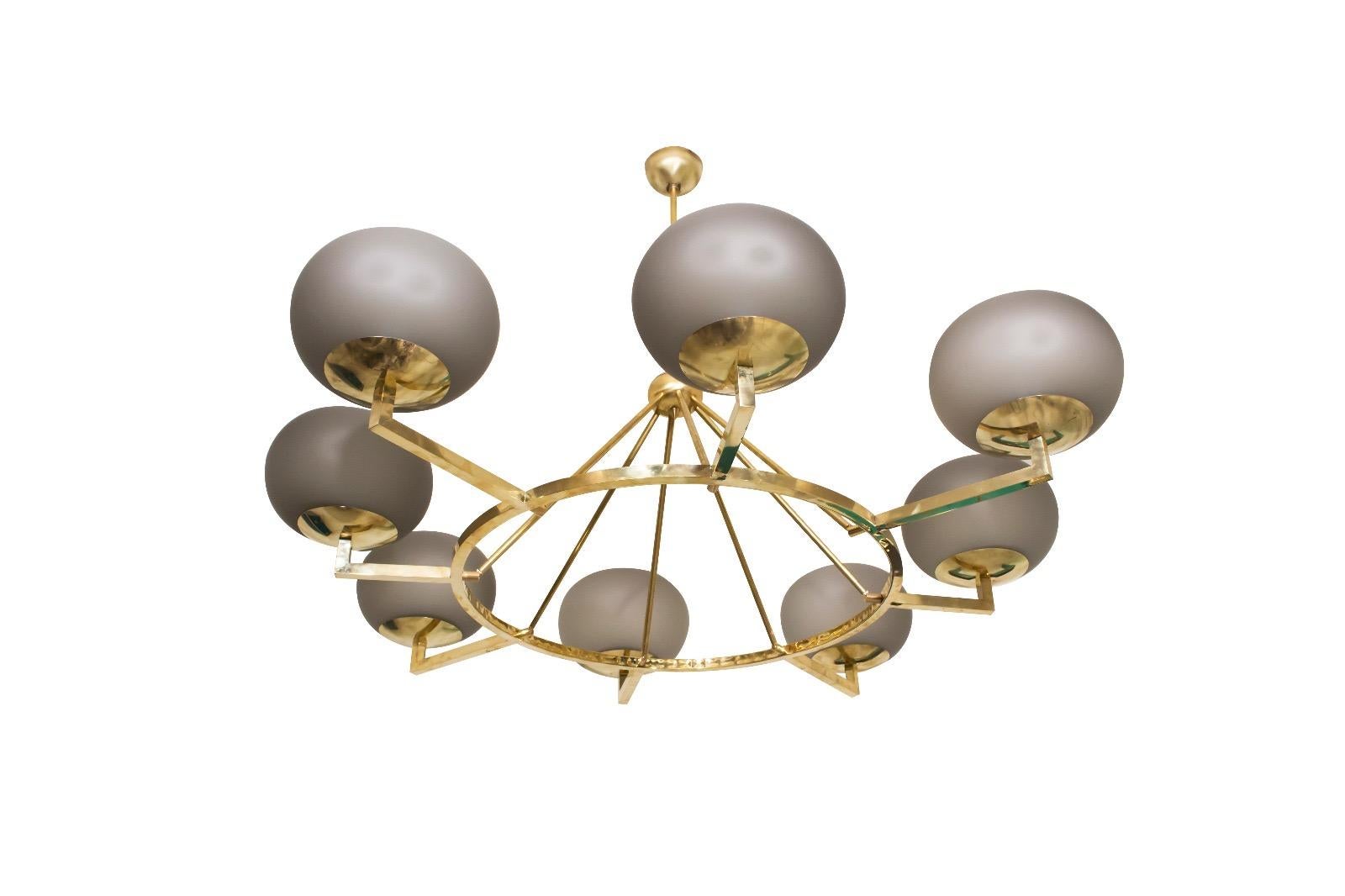 Brass and Grey Opaline Murano Glass Large Modern Chandelier For Sale 2