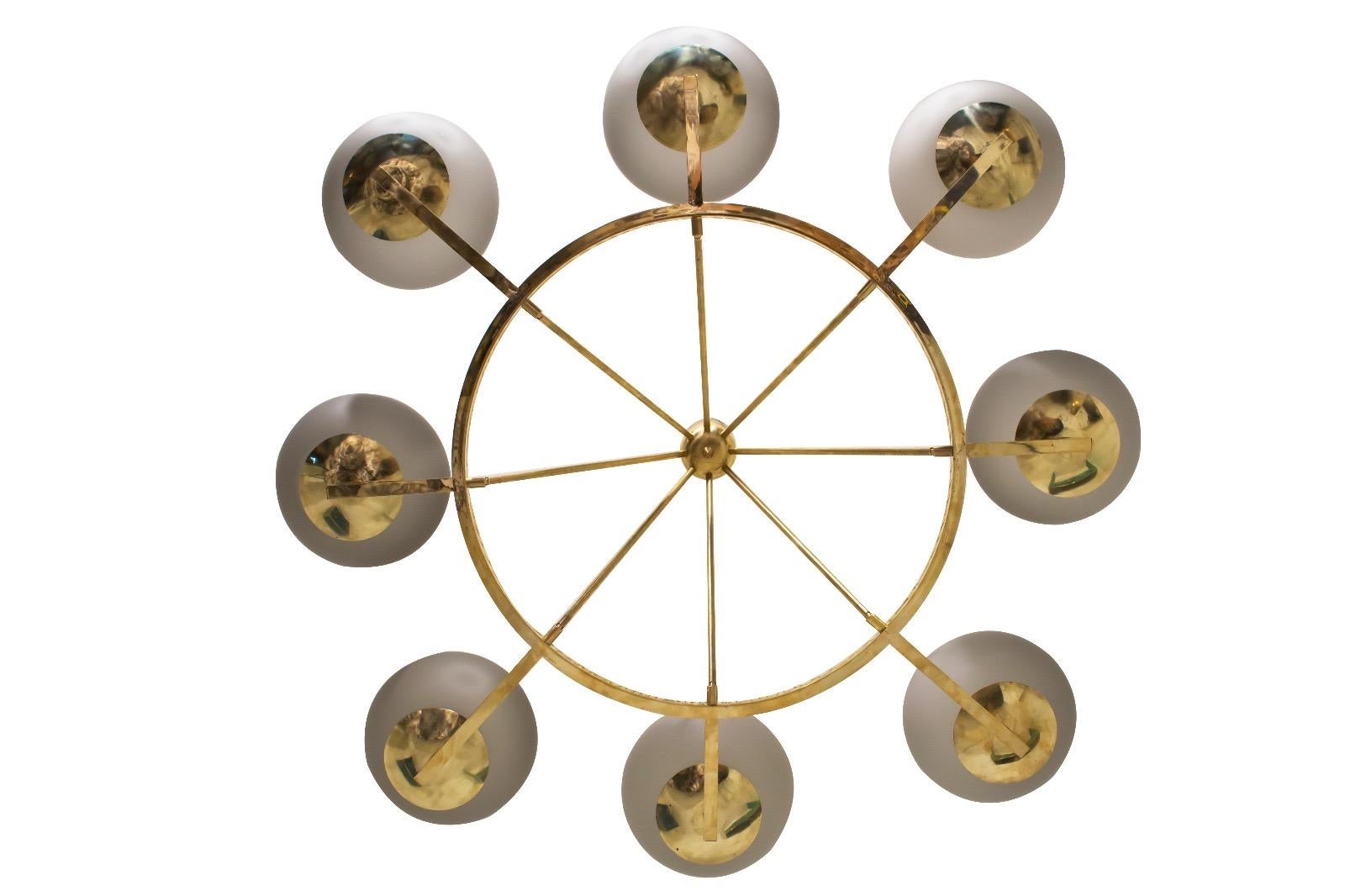 Brass and Grey Opaline Murano Glass Large Modern Chandelier For Sale 3
