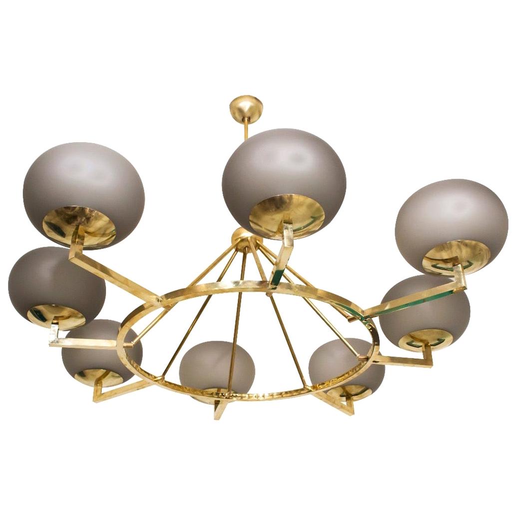 Brass and Grey Opaline Murano Glass Large Modern Chandelier For Sale