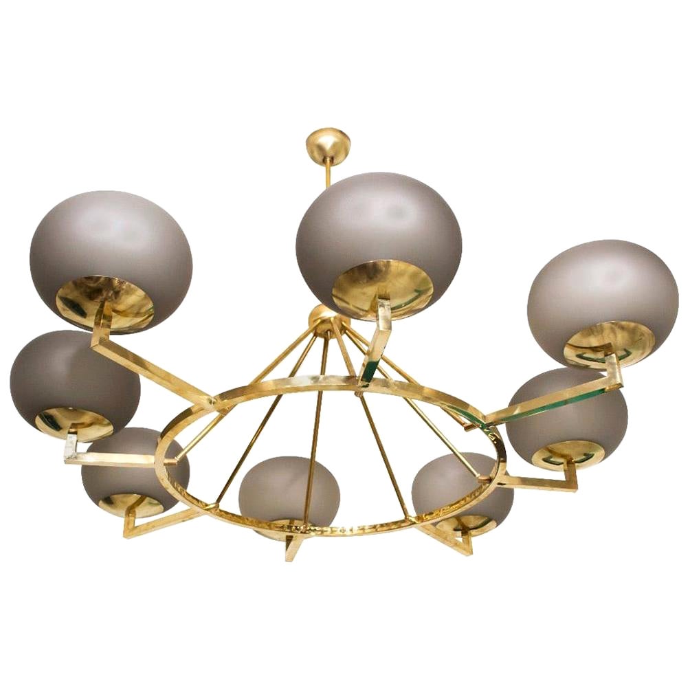 Brass and Grey Opaline Murano Glass Large Modern Chandelier