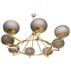 Brass and Grey Opaline Murano Glass Large Modern Chandelier Stilnovo Style