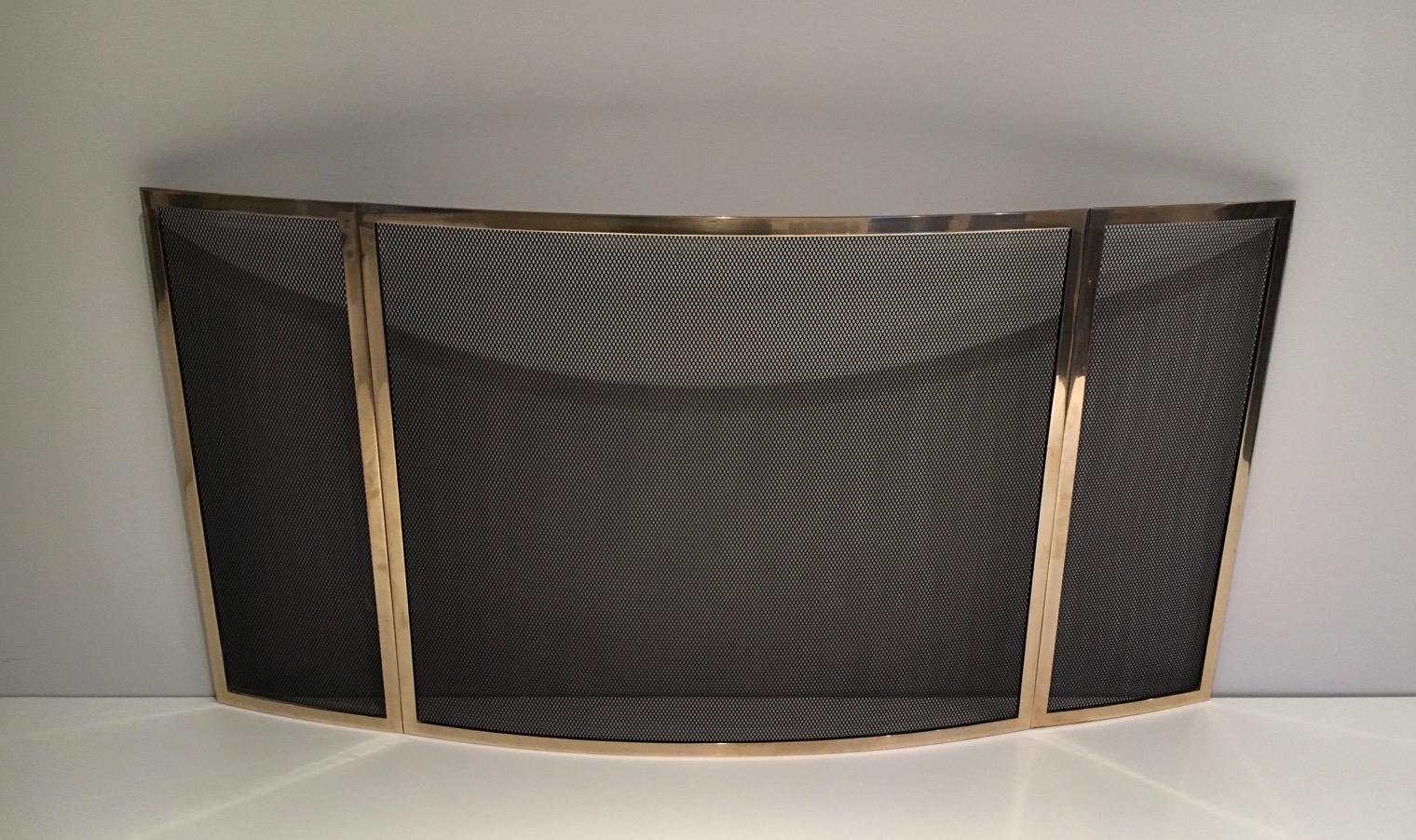 Neoclassical Brass and Grilling Folding Fire Place Screen, French, circa 1970