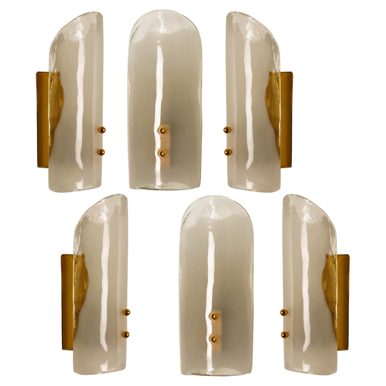 1 of the 5 Pairs of Brass and Hand Blown Murano Glass Wall Lights by J