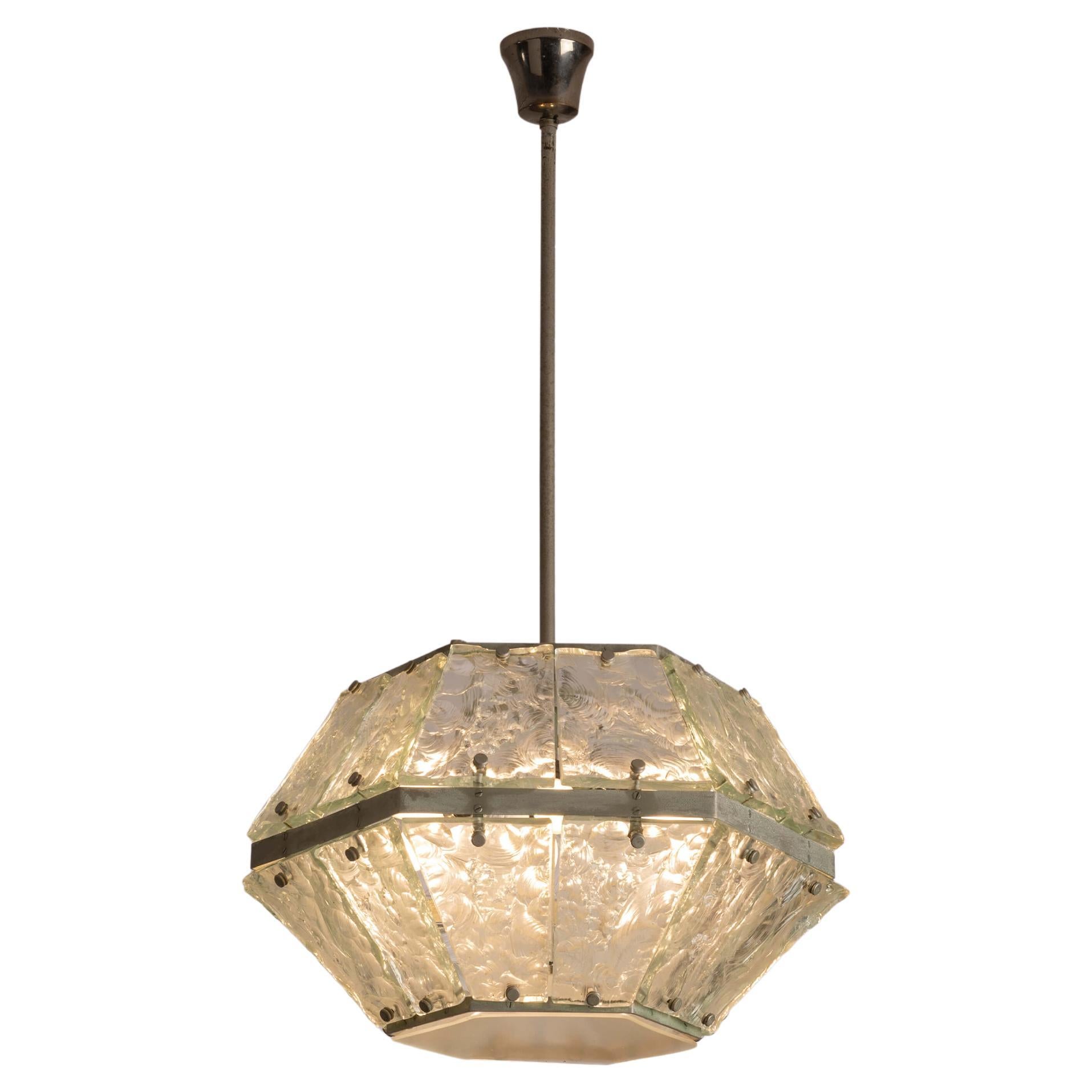 Brass and hand-faceted glass pendant lamp attributed to Fontana Arte Italy 1960s en venta