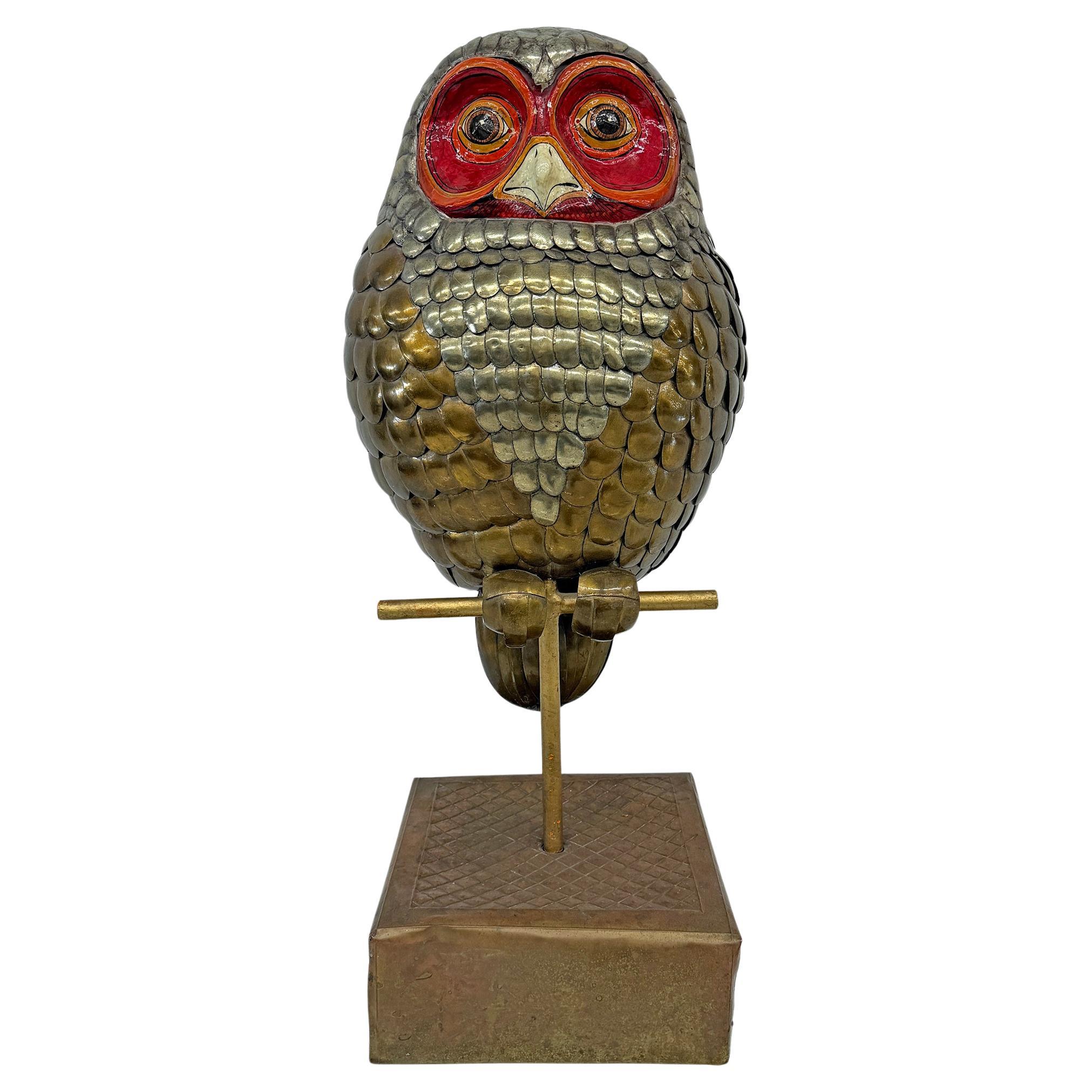 Brass and Hand Painted Paper Mache Owl Sculpture, Sergio Bustamante, 1970
s For Sale