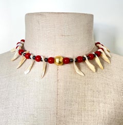 Brass and Hematite Rigid Choker with Natural Mother-of-Pearl and Red Glass