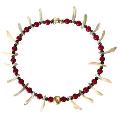 Brass and Hematite Rigid Choker with Natural Mother-of-Pearl and Red Glass