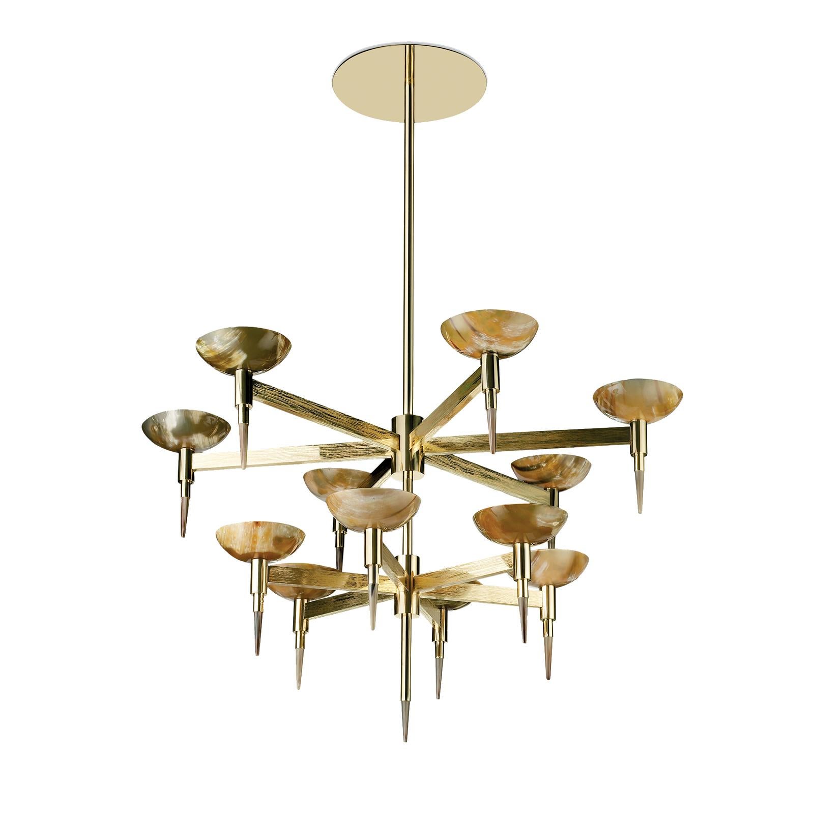 Italiano Lampadario in ottone e corno in vendita