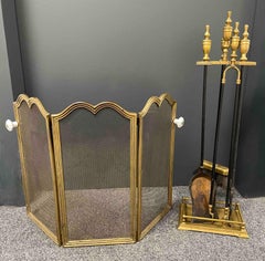 Brass and Iron Fireplace Screen - Tool Set, Vintage, 1950s