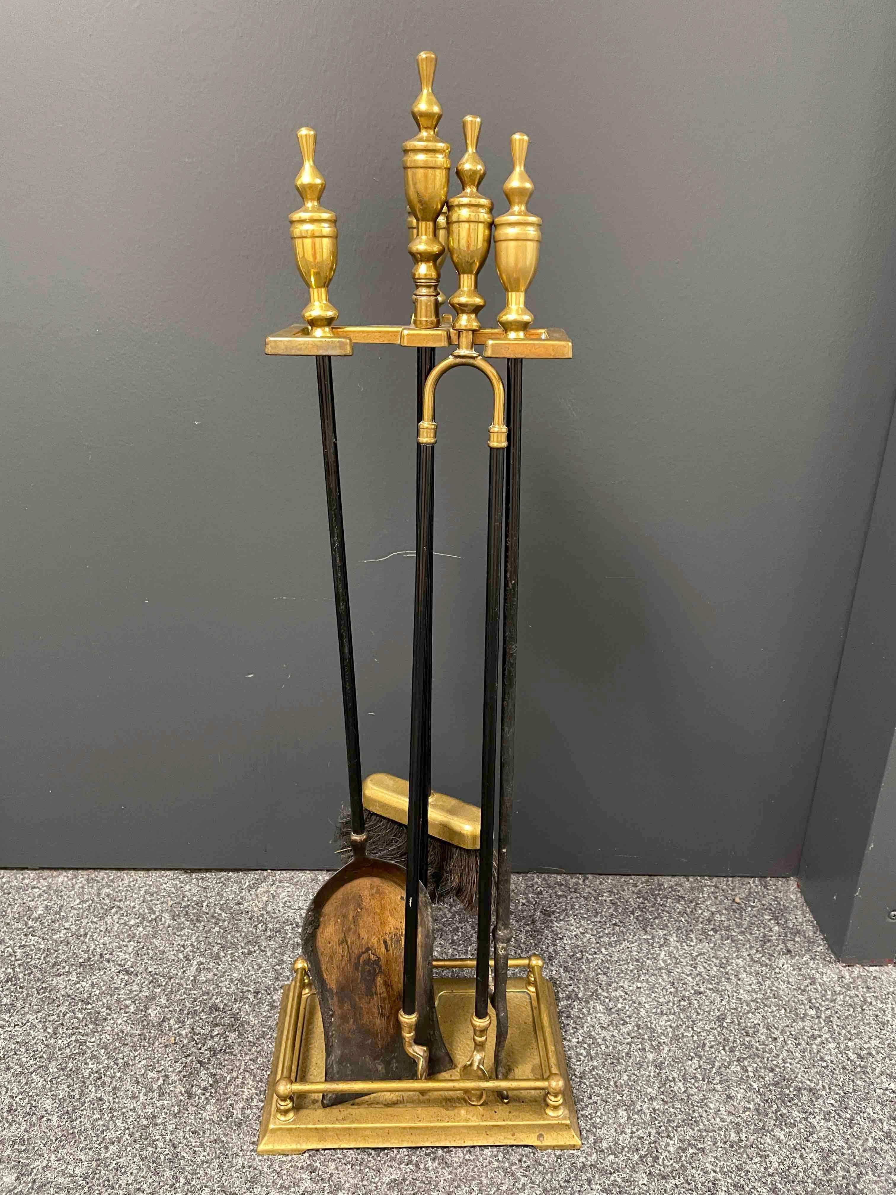Hollywood Regency Brass and Iron Fireplace Screen - Tool Set, Vintage, 1950s