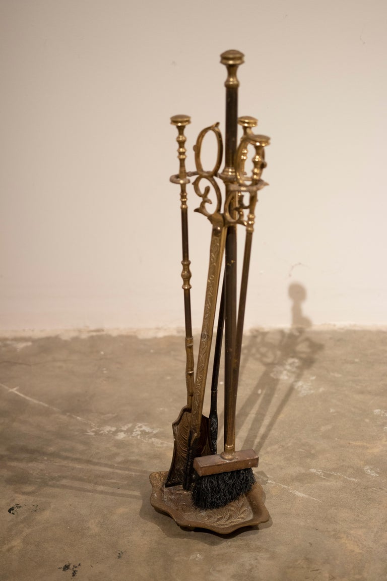 Brass and Iron Fireplace Set with Three Utensils and Base For Sale at