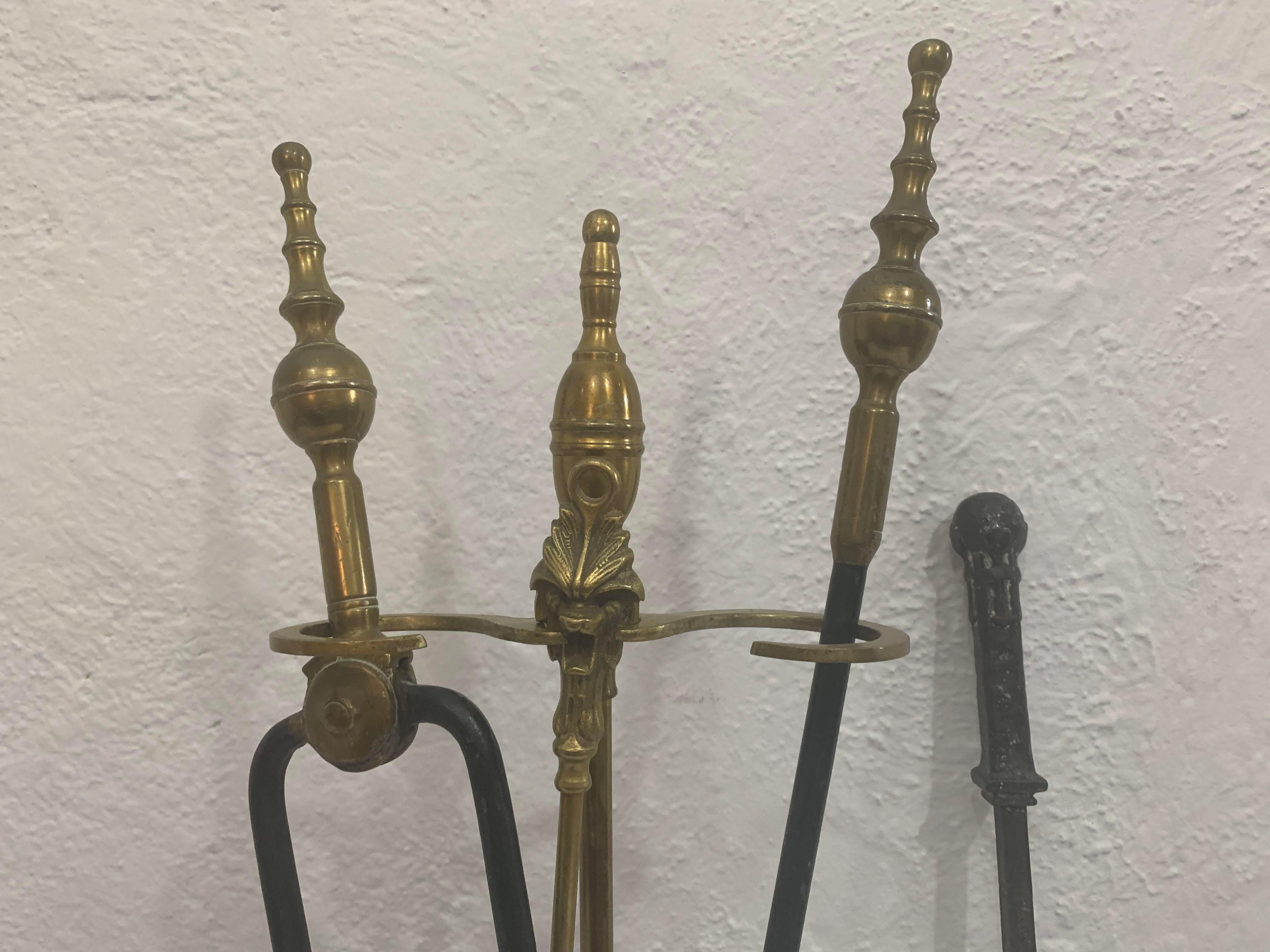 Brass and Iron Hand Made Fireplace Tool Set With Stand For Sale 5