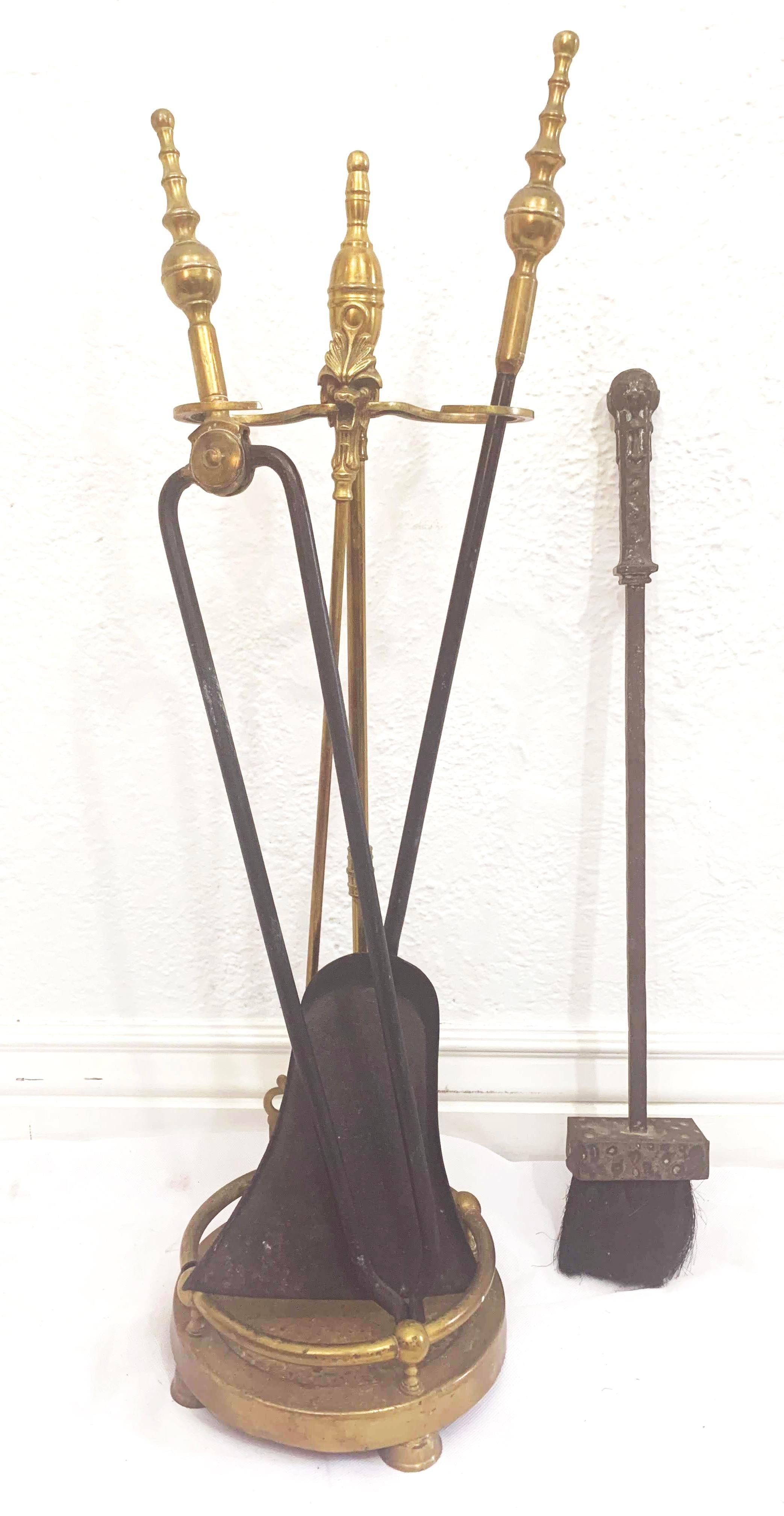 Federal Brass and Iron Hand Made Fireplace Tool Set With Stand For Sale