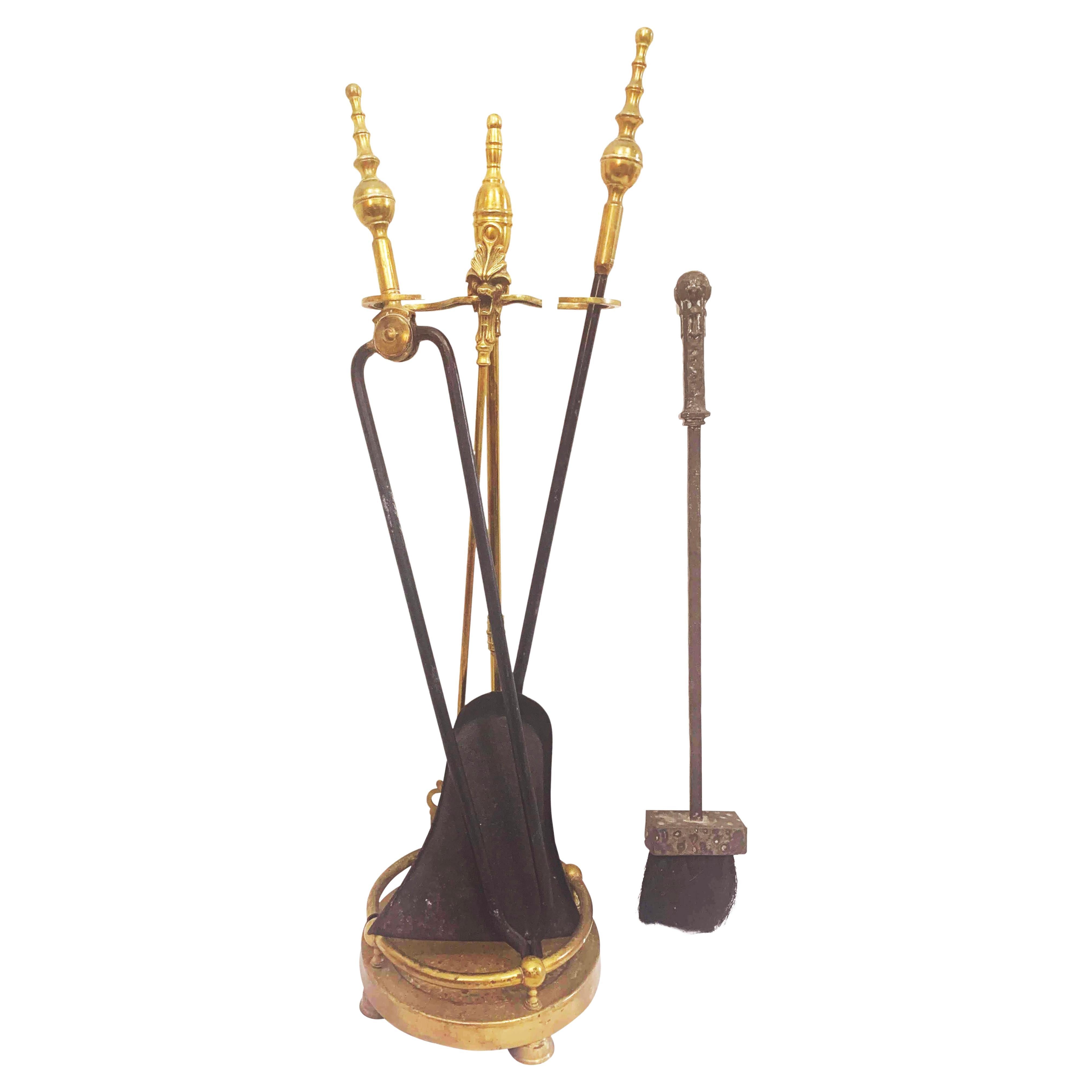 Brass and Iron Hand Made Fireplace Tool Set With Stand