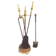 Brass and Iron Hand Made Fireplace Tool Set With Stand