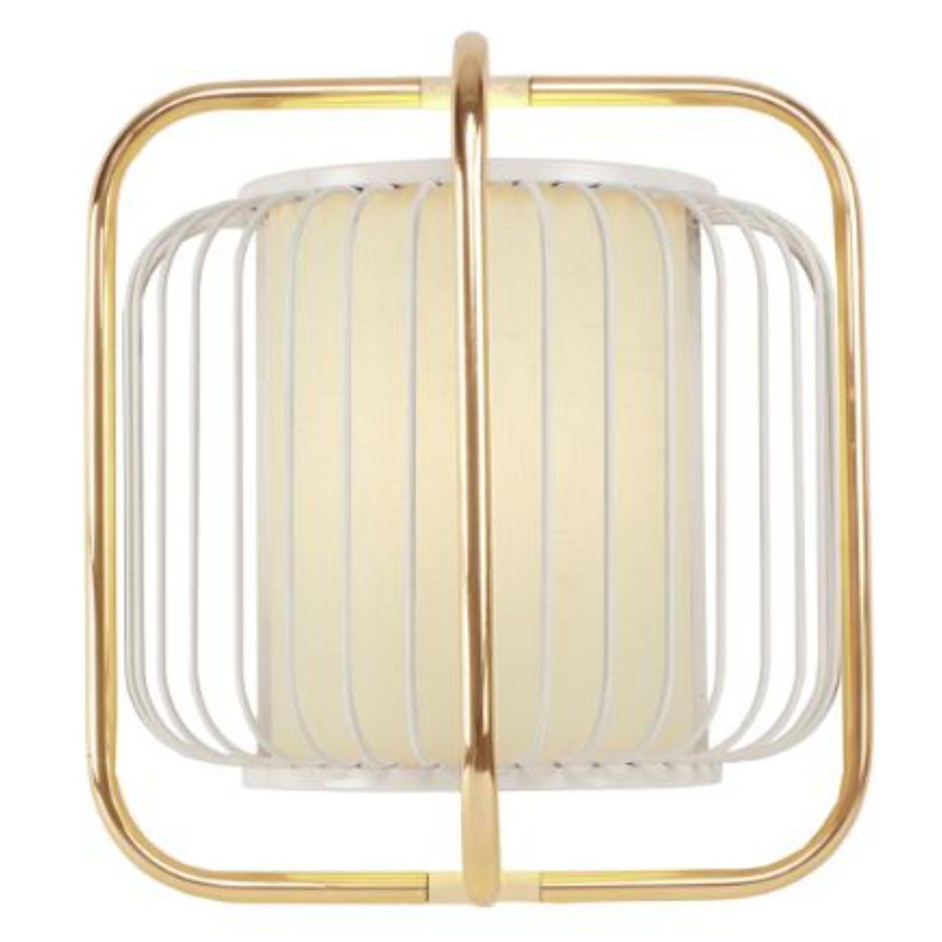 Brass and ivory Jules wall lamp by Dooq.
Dimensions: W 40 x D 23 x H 40 cm
Materials: lacquered metal, polished or brushed metal, brass.
Abat-jour: cotton
Also available in different colors and materials.

Information:
230V/50Hz
E14/1x15W