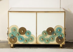 Brass and Ivory Murano Glass with Glass Discs Sideboards, Italy, Pair Available