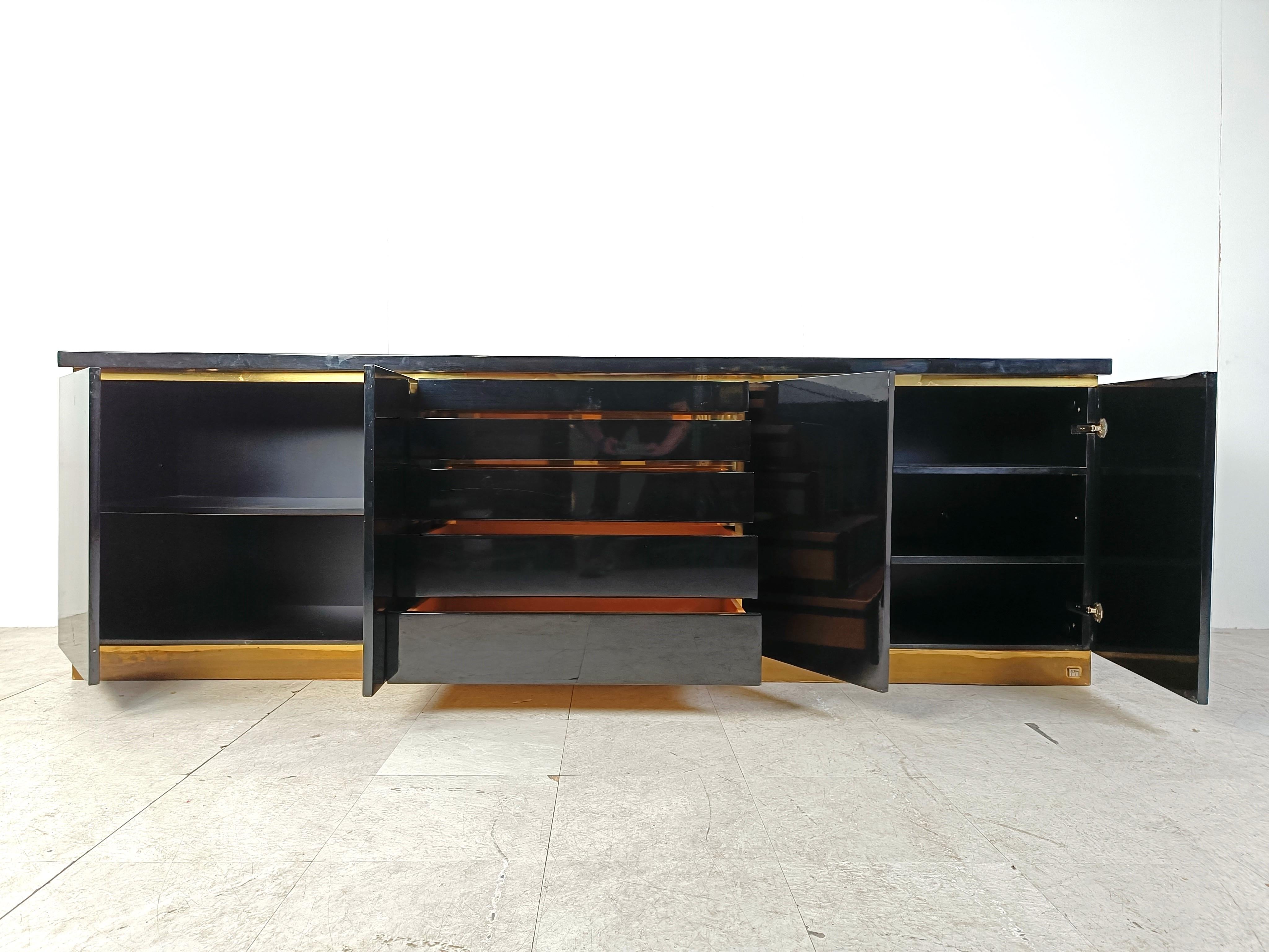 Hollywood Regency Brass and lacquer sideboard by Jean Claude Mahey, 1970s For Sale