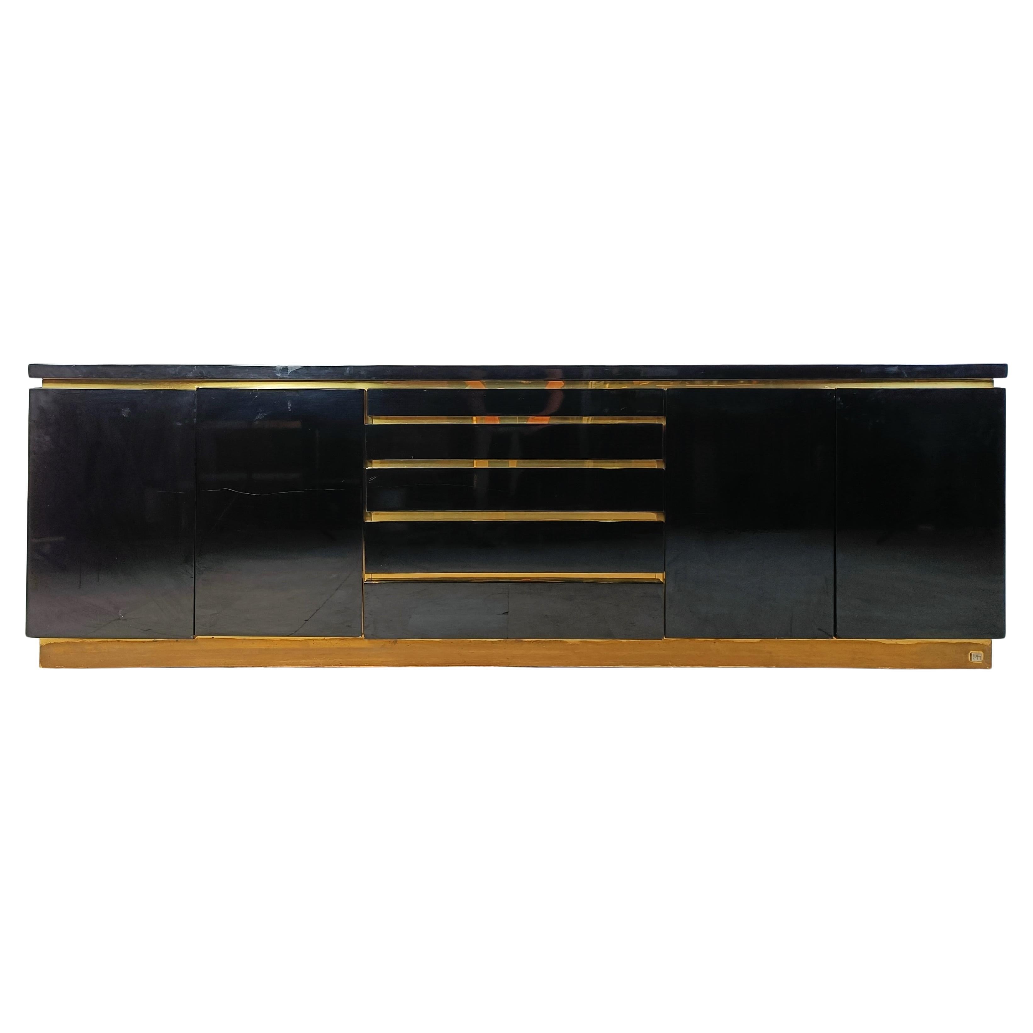 Brass and lacquer sideboard by Jean Claude Mahey, 1970s For Sale