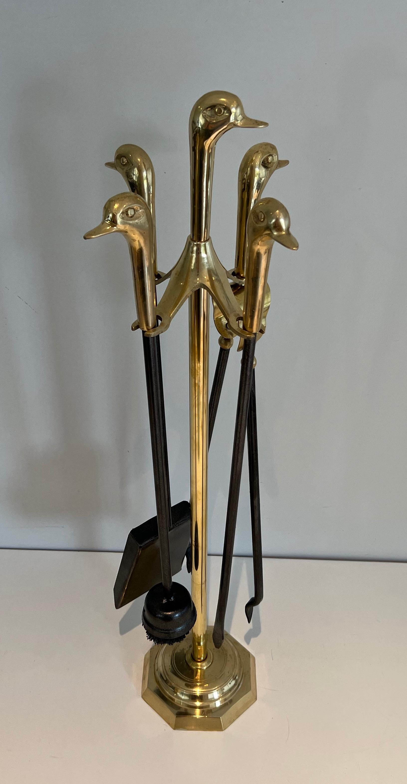 Brass and Lacquered Metal Duck Heads Fireplace Tools on Stand For Sale 3