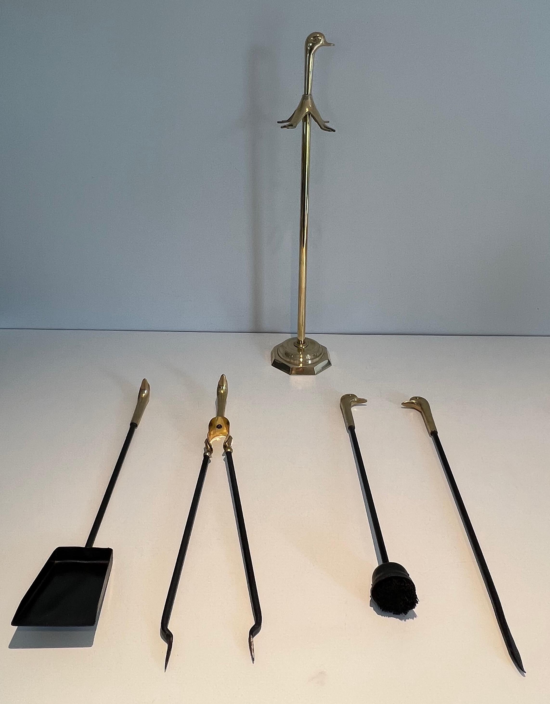 Brass and Lacquered Metal Duck Heads Fireplace Tools on Stand For Sale 7