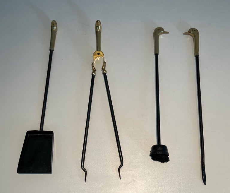 Ducking Tools Brass and Lacquered Metal Duck Heads Fireplace Tools on Stand For Sale ...