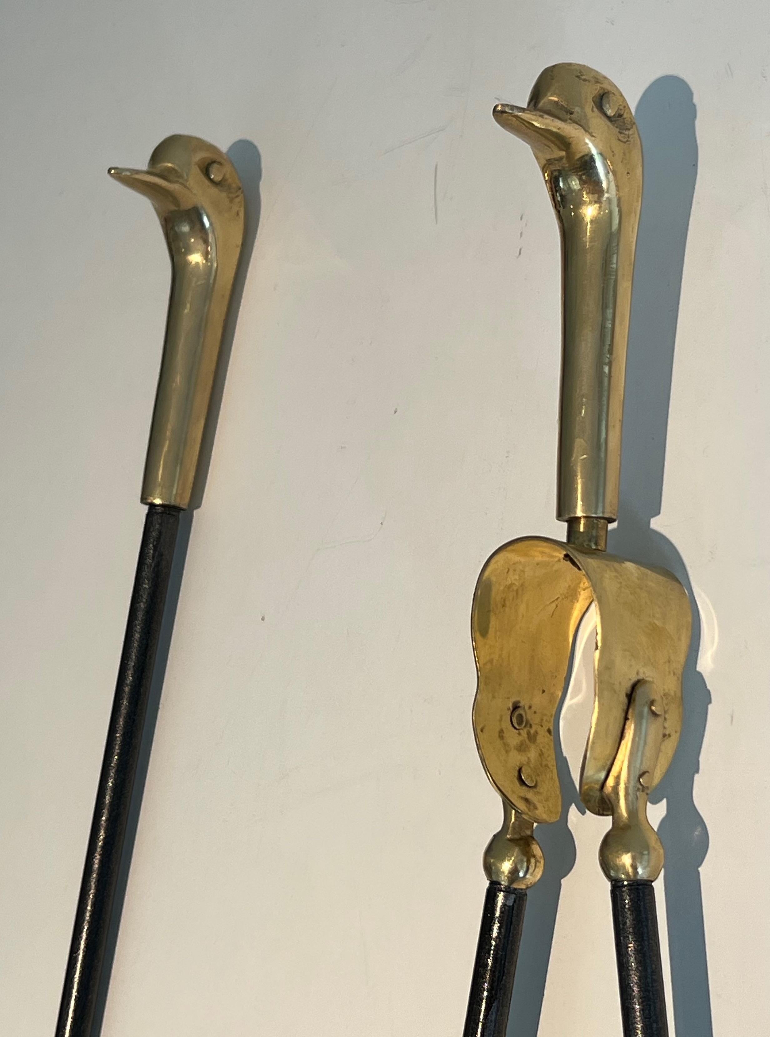 French Brass and Lacquered Metal Duck Heads Fireplace Tools on Stand For Sale