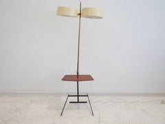 Brass and Lacquered Metal Floor Lamp with Wooden Magazine Shelf